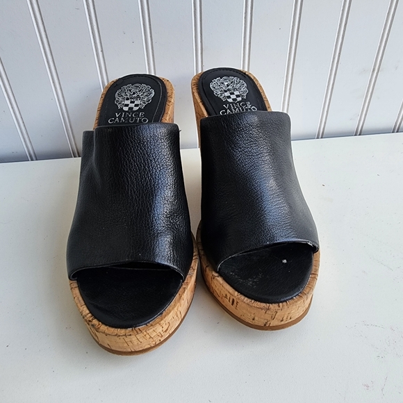 Vince Camuto Chaisen Platform Cork Wedges Black Leather Women's Sandals Sz 7M - Picture 3 of 12
